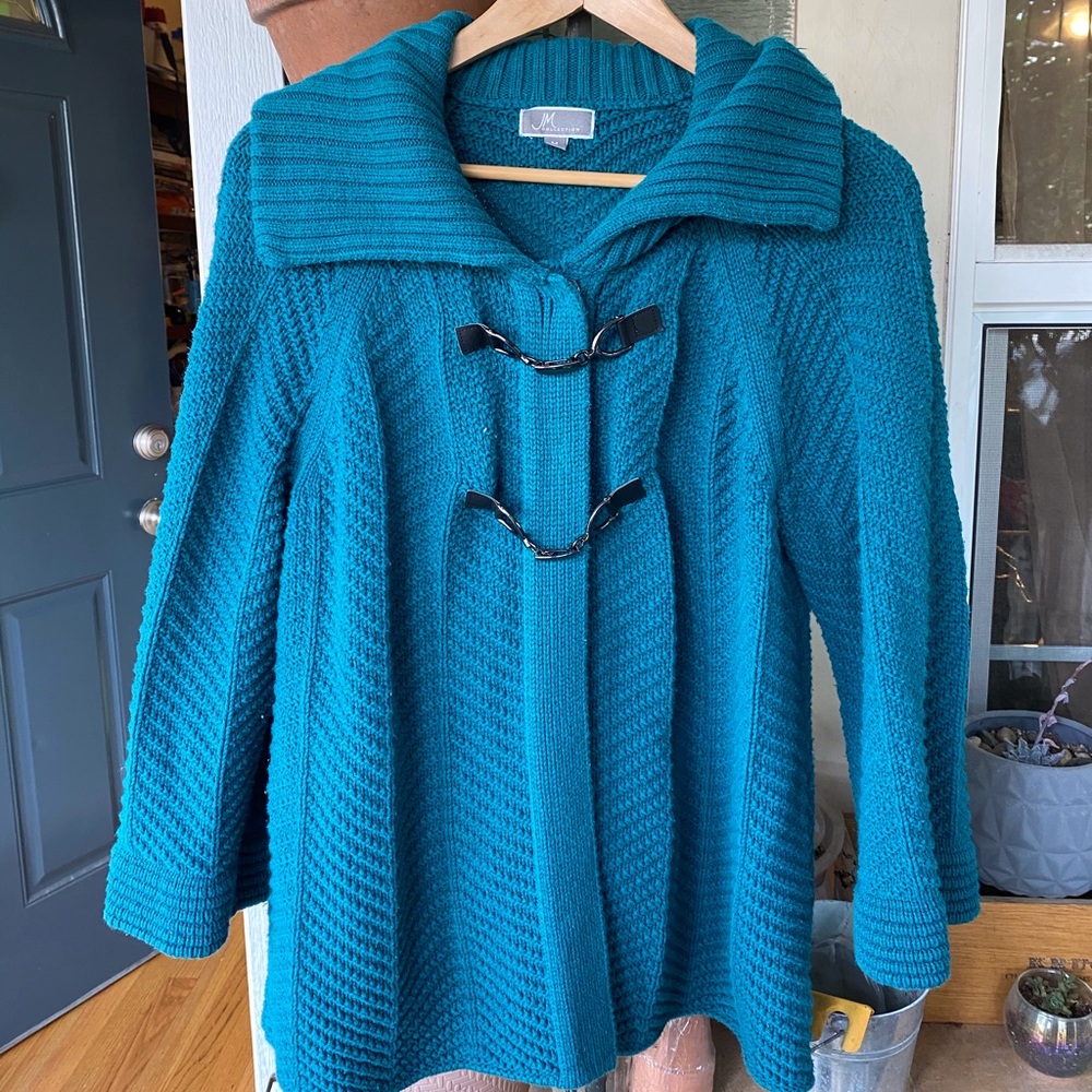 JM collection teal buckle sweater